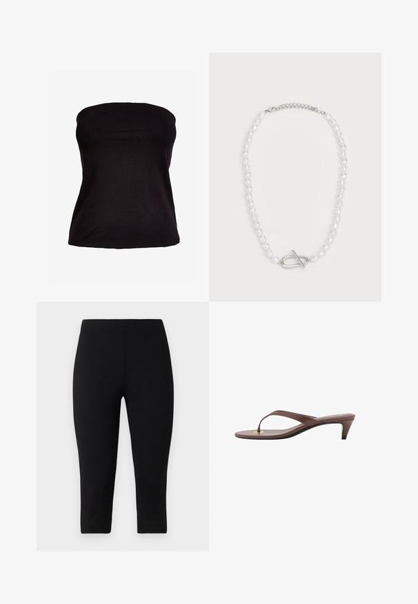 Top nero senza spalline realizzato in tessuto elasticizzato. Texture liscia con silhouette aderente, senza cuciture visibili o decorazioni.; Leggings capri neri realizzati in materiale elasticizzato, con una vestibilità aderente e una texture liscia, privi di motivi o accenti prominenti.; Infradito con tacco marroni, dotati di una fascia sottile e un puntale arrotondato, con un piccolo dettaglio dorato sulla soletta.; Collana di perle bianche con forme e dimensioni varie, dotata di un fermaglio a chiusura in argento. Texture liscia con finitura lucida.
