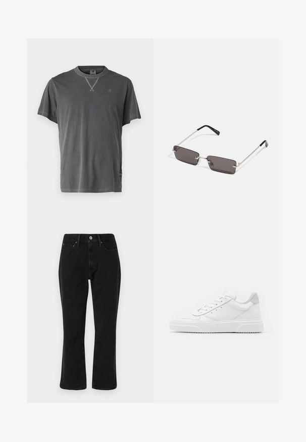 Tricou gri din bumbac, cu guler rotund, mâneci scurte și un guler texturat. Prezintă un mic logo pe piept și detalii pe tivul lateral.; Jeans din denim negru cu un design drept al piciorului, stil cu cinci buzunare și accesorii metalice cu accente de cupru. Textură netedă și talie medie.; Adidași din piele albă cu un finisaj neted, vârf rotunjit, șireturi plate și o talpă texturată. Accente din piele întoarsă gri la călcâi.; Ochelari de soare cu lentile dreptunghiulare, gri închis, rame din metal argintiu și vârfuri din plastic negru pe brațe. Design ușor, cu pad-uri pentru nas.