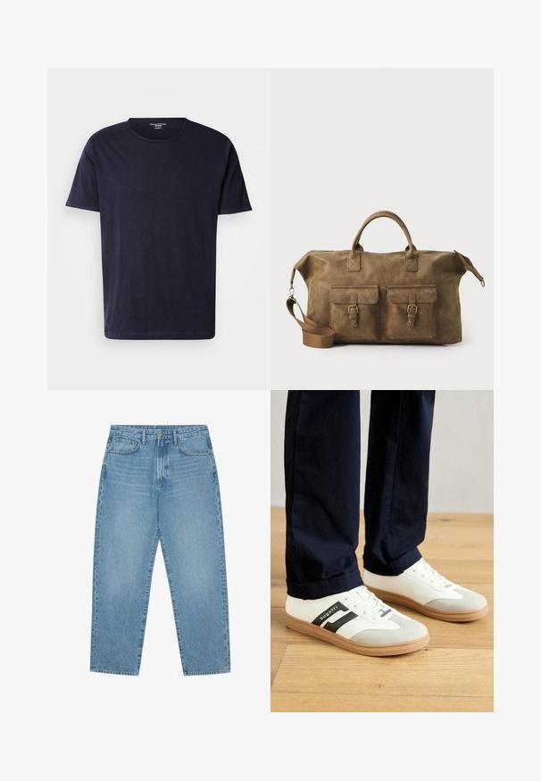 Temno modra majica iz mehkega materiala, z okroglim izrezom in kratkimi rokavi. Gladka tekstura s preprostim, klasičnim oblikovanjem.; Svetlo modre kavbojke iz jeansa z ravnim krojem nogavic, obliko s petimi žepi in rahlo zbledelo teksturo. Imajo zapenjanje na gumb in zadrgo.; Beli in sivi teniski z črnimi črtami, narejeni iz usnja, z gumijastim podplatom in ravnimi vezalkami. Nosijo jih z mornarskimi hlačami na lesenem tleh.; Rjav usnjen potovalni kovček z dvema sprednjima žepoma, nastavljivim ramenskim trakom, zlatim okovjem in trdnimi zgornjimi ročaji. Gladka tekstura.