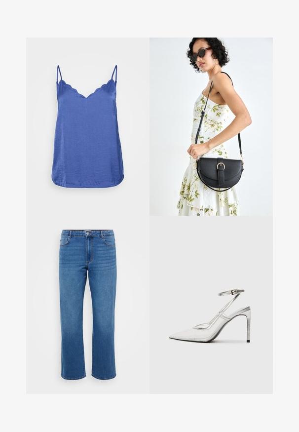 Blå camiskjorte med tynne justerbare stropper, bølget halsutskjæring, og en glatt tekstur. Kantene er svakt buet og slutter ved hoften.; Blå denimjeans med rett benklipp, med knapplukking, klassisk fem-lomme design og subtil falmet tekstur på lårene.; Klare stiletthæl sko med spids tå, gennemsigtigt materiale, metallisk sølvdetaljer og justerbar ankelrem.; Svart lærveske med en buet form, avtagbar stropp og gullbeslag. Vesken har et klaff med spenne-detall.