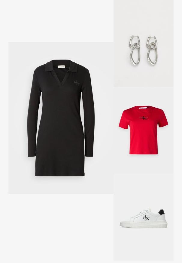 Calvin Klein Jeans MONOLOGO BABY TEE - Potiskana majica - red; Črna dolga polo obleka s kratkimi rokavi in V-izrezom, ribana tekstura in subtilna logotipna podrobnost na levi prsni strani. Mehka bombažna zmes.; Bele nizke superge z črnim hrbtnim delom, platformo, vezalkami in Calvin Klein "CK" logotipom na strani.; Calvin Klein STATEMENT LINKS - Uhani - silver-coloured