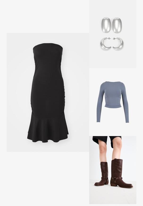 Langärmliges, kurzes Oberteil aus weichem, dehnbarem Material; verfügt über einen runden Ausschnitt und geraffte Seitendetails in einem gedämpften Blauton.; Schwarzes trägerloses Kleid aus dehnbarem Material mit Raffung an den Seiten und einem ausgestellten Saum. Glatte Textur mit einer figurbetonten Silhouette.; Braune kniehohe Stiefel aus Leder mit runder Zehenform, strukturiertem Obermaterial, Knöchelriemen und silbernen Hardware-Details; mit gestapeltem Absatz.; Silberfarbener Ohrring-Satz: zwei ovale Stecker und zwei halbmondförmige Creolen, mit einer glänzenden, glatten Oberfläche und einem abgerundeten Design.