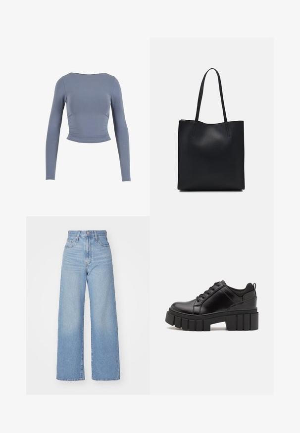 Long-sleeve, cropped top in soft, stretchable fabric; features a round neckline and gathered side details, in a muted blue color.; Light blue high-waist wide-leg jeans with front button and zip closure, front and back pockets, on a white background.; Black leather platform shoes with a chunky block heel, round toe, and traditional lace-up design. Features smooth texture and minimal detailing.; Black leather tote bag with smooth texture, rectangular shape, and two long handles. No visible hardware or embellishments.
