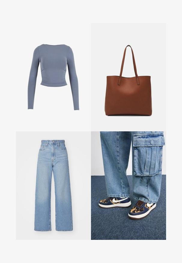 Langärmliges, kurzes Oberteil aus weichem, dehnbarem Material; verfügt über einen runden Ausschnitt und geraffte Seitendetails in einem gedämpften Blauton.; Hellblaue High-Waist-Weite-Leg-Jeans mit Knopf- und Reißverschluss vorne, Vorder- und Rückentaschen, auf weißem Hintergrund.; Marineblaue Sneakers mit Leopardenmuster-Akzenten, weißem Nike-Swoosh, braunen Schnürsenkeln und weißer Zwischensohle. Kombiniert mit hellblauen Cargo-Hosen aus Denim.; Braune Leder-Tote mit glatter Textur, offenem Oberteil und zwei Schulterriemen. Verfügt über minimale Nähte und keine sichtbaren Beschläge.