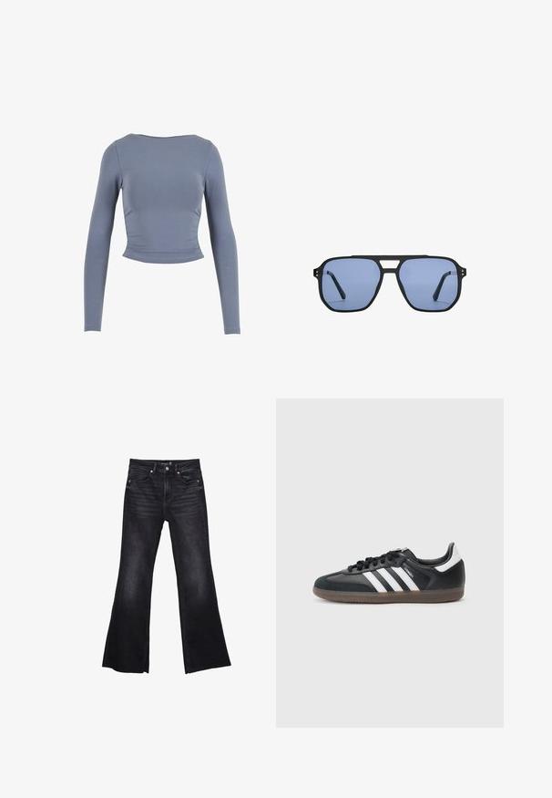 Dugi rukavi, skraćeni top od mekog, rastezljivog materijala; sadrži okrugli izrez i naborane bočne detalje, u umirujućoj plavoj boji.; Crne traperice s flared krojem, izrađene od denima s lagano izblijedjelom teksturom. Sadrže prednje džepove, patentni zatvarač i vidljive šavove.; Crne tenisice od sintetičkog materijala s bijelim dizajnom tri pruge, teksturiranim potplatom za prianjanje i crnim vezicama. Niska atletska silueta.; Stradivarius RETRO - Sunčane naočale - light blue