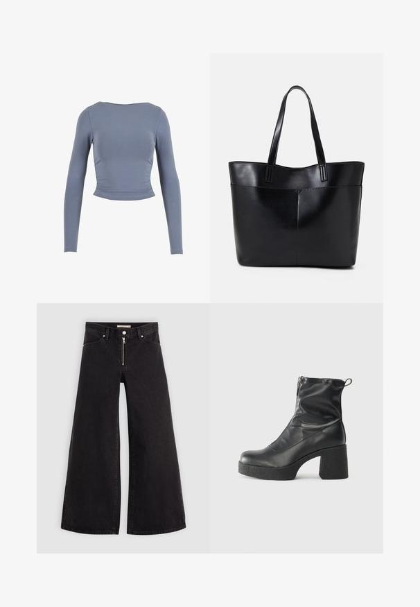 Dlouhý rukáv, zkrácený top z měkké, elastické tkaniny; má kulatý výstřih a na bocích nařasení, v jemné modré barvě.; Džíny s širokými nohavicemi v černém denimovém provedení se zipem vpředu, pěti kapsami a jemnými švy. Hladká textura a ležérní styl.; Černé kotníkové boty vyrobené z hladké kůže, s bočním zipem, robustním strukturovaným podpatkem a kulatou špičkou.; Černá kožená taška s dlouhými ušima, hladkým povrchem a strukturovaným tvarem. Obsahuje přední kapsu pro další úložný prostor.