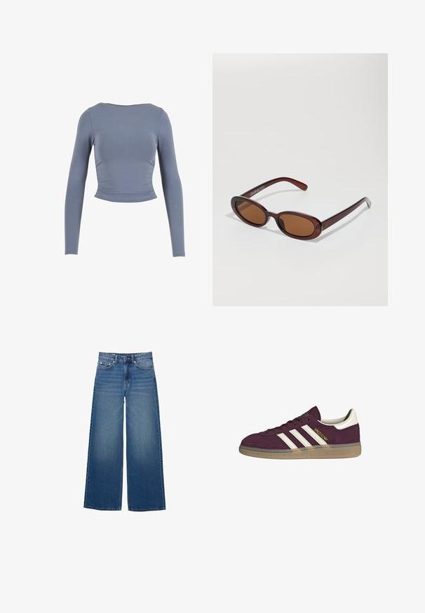 Hosszú ujjú, cropped felső puha, rugalmas anyagból; kerek nyakkivágással és redőzött oldali részletekkel rendelkezik, tompa kék színben.; Széles lábú, farmertből készült kék nadrág, magas derékkal, varrásokkal és egy egyszerű, enyhe koptatással.; Burgundi velúr sportcipő fehér három csíkkal és bézs díszítéssel. Jellemzője a texturált gumitalp és az arany logó az oldalon.; Kerek, barna árnyalatú napszemüveg fényes burgundi kerettel. Karcsú karok diszkrét márkázással. Lapos lencse kialakítás.; Barna szőtt bőr kézitáska, amely laza, háromszög alakú. Fonott füllel és felső cipzárral rendelkezik.