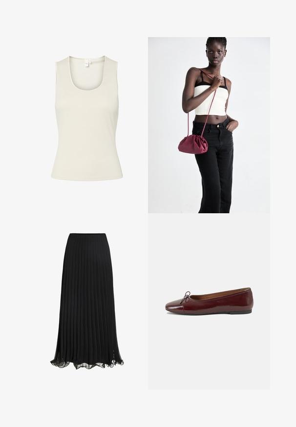 Mouwloos wit geribbeld tanktop met ronde hals, gemaakt van rekbare stof, weergegeven op een witte achtergrond.; Zwarte geplisseerde maxi rok van lichtgewicht stof met een vloeiende ontwerp. Voorzien van een gerimpelde zoom en een elastische tailleband voor comfort.; Bordeaux gepatenteerd lederen ballerina met een ronde neus, een klein strikaccent aan de voorkant en een lage, zwarte rubberen zool. Glad textuur.; Bordeaux zachte stoffen handtas met een geplooid ontwerp en een lange schouderband, crossbody gedragen. Model draagt een witte crop top en zwarte jeans.