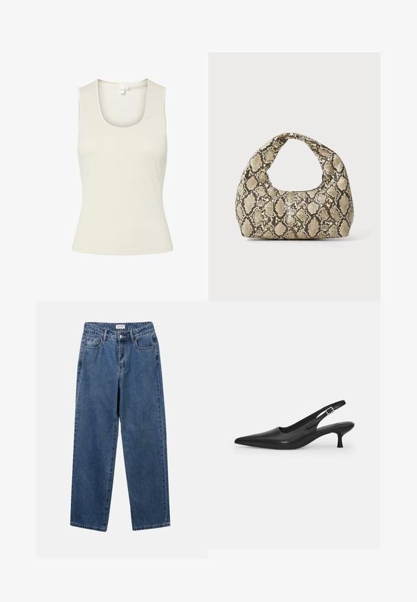 Ærmeløs hvid ribbet tanktop med scooped halsudskæring, lavet af strækbart stof, præsenteret på en hvid baggrund.; Klassiske blå denimbukser med lige ben, fem lommer og knaplukning. Har en medium vask og en robust tekstur.; Sort læder slingback-sko med spids tå og en slank, buet hæl. Har en diskret justerbar rem med en metalspænde.; Slangeprint håndtaske med et buet håndtag. Lavet af strukturerede, beige og brune materialer, med et karakteristisk diamantmønster.