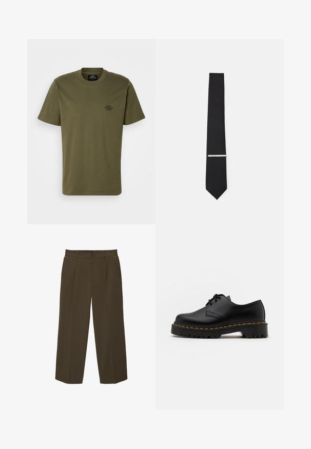 Olivovo zelené tričko s krátkym rukávom vyrobené z bavlny, s okrúhlym výstrihom a malým vyšívaným logom na ľavom prsníku. Hladká textúra.; Hnedé, voľné nohavice vyrobené z mäkkej tkaniny s plochým predným dielom, bočnými vreckami a gombíkovým zapínaním v páse. Jednoduchý dizajn bez vzorov.; Čierna kožená šnurovacia topánka s okrúhlou špičkou, štruktúrovanou gumovou podrážkou a žltým prešitím okolo základne. Plný dizajn a hladký povrch.; Čierna kravata vyrobená z hladkej tkaniny, s úzkou šírkou a so striebornou sponou, ktorá podčiarkuje jej dizajn.