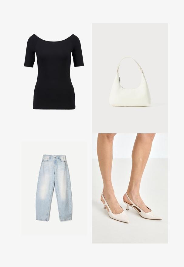Zwart top met korte mouwen en een off-the-shoulder halslijn, aansluitend ontwerp en een gladde textuur. Geen zichtbare patronen of hardwaredetails.; Witte overhemden met een klassieke kraag, lange mouwen en een relaxte pasvorm. Gemaakt van lichte stof met een zachte textuur.; Lichtblauwe denim jeans met een losse pasvorm, voorzien van een vervaagde afwerking, twee voorzakken en een knoopsluiting bij de taille.; Beige gepatineerde leren slingback hakken met een spitze neus en een hak van 5 cm, met uitsparingen aan de zijkanten en een dunne enkelband.; Kleine witte schoudertas met een enkele verstelbare schouderband en een ritsafsluiting, geplaatst tegen een effen witte achtergrond.