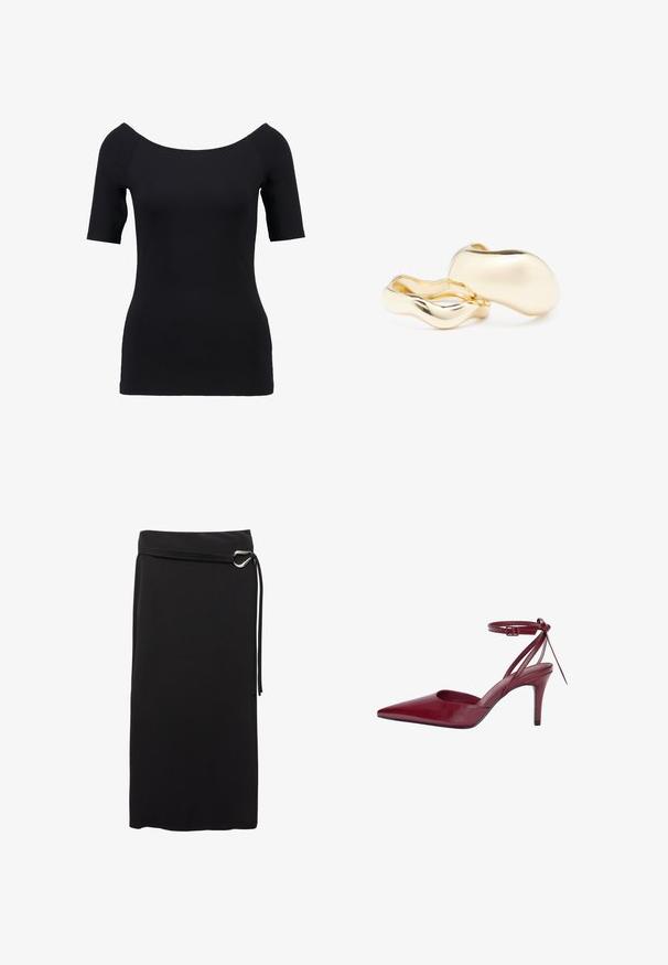 Čierny top s krátkym rukávom a výstrihom mimo ramien, priliehavý strih a hladká textúra. Žiadne viditeľné vzory ani detaily hardvéru.; Čierna midi sukňa vyrobená z hladkej tkaniny. Vyznačuje sa minimalistickým dizajnom, opaskom s kovovým kruhom a vysokým pásom.; Burgundská kožená lodička na vysokom opätku s špicatou špičkou, otvorenými stranami a remienkom okolo členku. Má elegantný dizajn a hladkú textúru.; Zlaté náušnice s organickým tvarom podobným fazuli a hladkým, lesklým povrchom; majú minimalistický design bez viditeľného hardvéru.