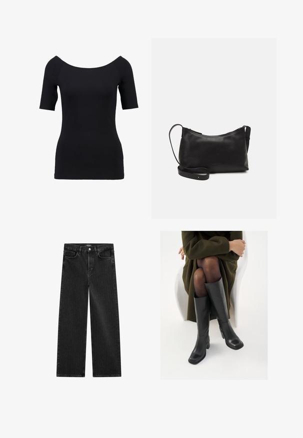 Zwart top met korte mouwen en een off-the-shoulder halslijn, aansluitend ontwerp en een gladde textuur. Geen zichtbare patronen of hardwaredetails.; Wijd gesneden zwarte denim jeans met een subtiel verticaal streepmotief, voorzien van een vijfzakkenontwerp en een klassieke knoopsluiting bij de taille.; Knieschijf hoge zwarte leren laarzen met een vierkante neus en blokhak, getoond met een model dat zit in een olijfgroene jas. Gladde textuur, minimale details.; Zwarte leren schoudertas met een gladde textuur, gebogen vorm, verstelbare schouderband en een ritsafsluiting. Minimalistisch ontwerp zonder versieringen.