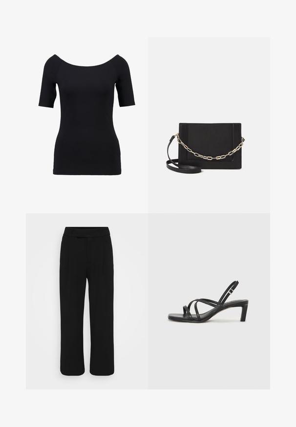 Crna kratka majica s kratkim rukavima, s izrezom iznad ramena, prilagođenog kroja i glatke teksture. Nema vidljivih uzoraka ili metalnih detalja.; Crne široke hlače od glatkog materijala, s ravnim prednjim dijelom, petljama za remen i bez vidljivih džepova. Čist, krojen dizajn.; Crne sandale s trakama, kvadratnim prstom i niskom blok petom. Ima više tankih trakica i podesivu trakicu oko gležnja. Izrađene su od glatke kože.; Crna kožna torba preko tijela s glatkom teksturom, pravokutnim oblikom i metalnim lancem na prednjoj strani. Uključena je podesiva naramenica.