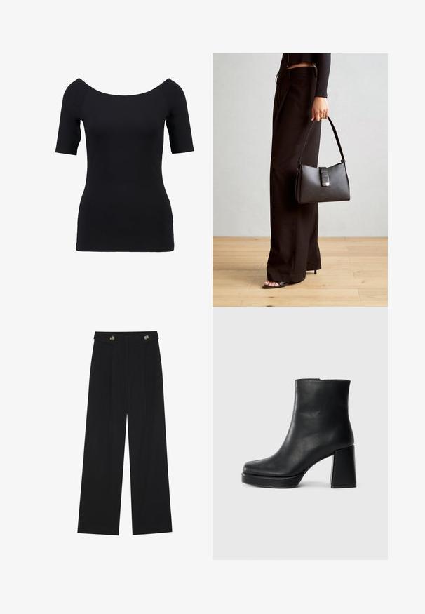 Top negro de manga corta con escote off-the-shoulder, diseño ajustado y textura suave. Sin patrones visibles ni detalles de hardware.; Pantalones de pierna ancha negros con cintura alta, detalles de botones en la cinturilla y pliegues en la parte delantera.; Botín de cuero negro con tacón cuadrado y suela de plataforma, visto de lado sobre un fondo blanco liso.; Bolso negro con forma estructurada, textura suave y un cierre metálico. Combinado con pantalones anchos negros y sandalias de dedo en un suelo de madera.