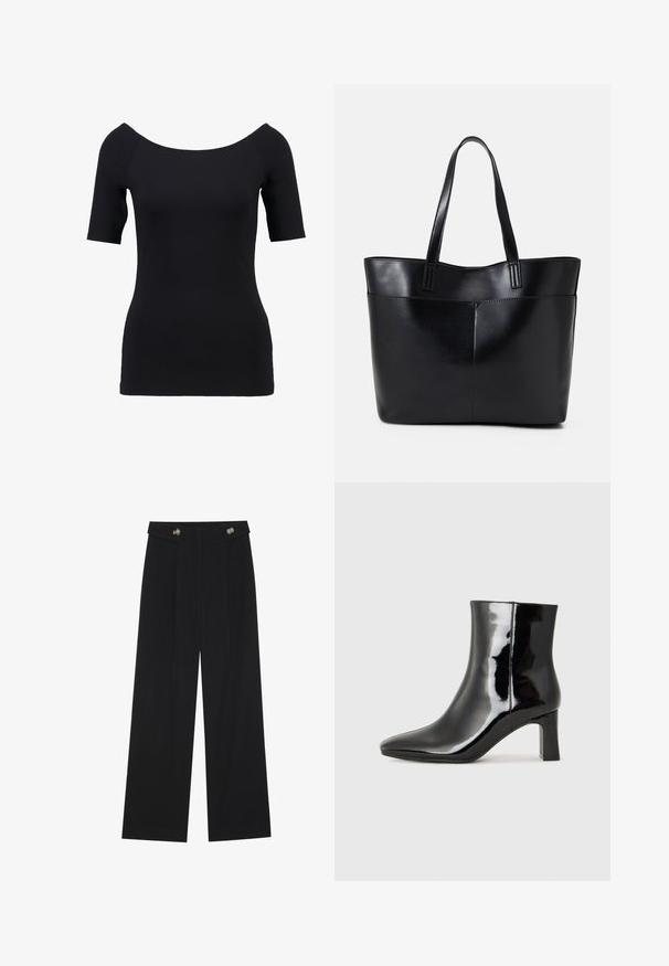 Zwart top met korte mouwen en een off-the-shoulder halslijn, aansluitend ontwerp en een gladde textuur. Geen zichtbare patronen of hardwaredetails.; Zwarte wijde broek met hoge taille, knoopdetails op de tailleband en plooien aan de voorkant.; Zwarte gepolijste leren enkellaars met een spitse neus en een blokhak van gemiddelde hoogte. Glad textuur en minimalistisch ontwerp.; Zwarte leren tote bag met twee lange handvatten, een zachte textuur en een gestructureerde vorm. Voorzien van een voorvak voor extra opslagruimte.