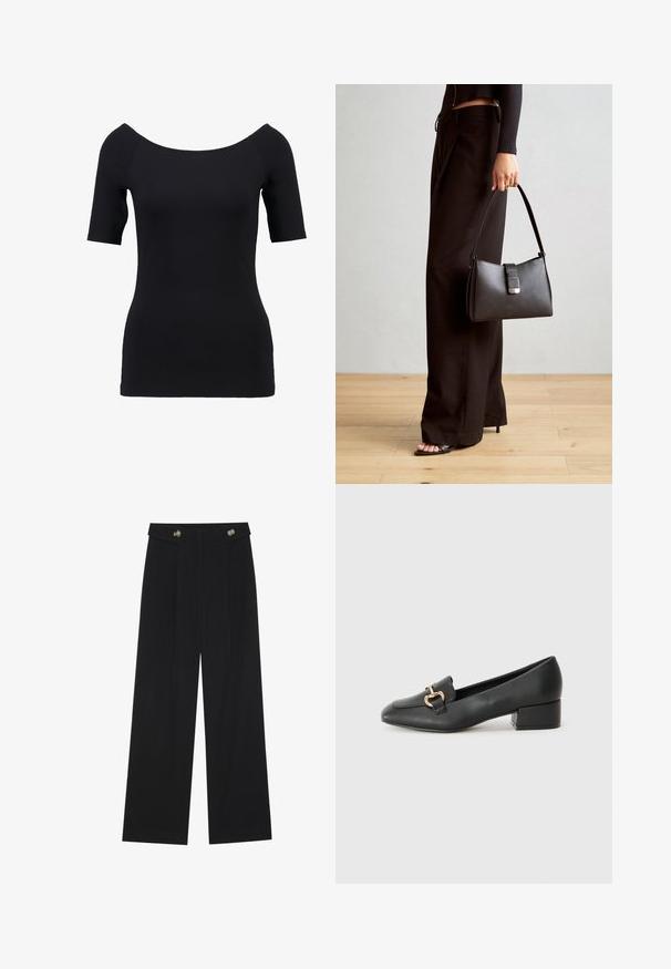 Črna kratka majica s kratkimi rokavi, z off-the-shoulder izrezom, prilegljiv design in gladko teksturo. Brez vidnih vzorcev ali kovinskih detajlov.; Črne široke hlače s visokim pasom, gumbnimi detajli na pasu in sprednjimi gubami.; Črne usnjene loafersice s ravnim petkom, ki imajo dekorativen zlat detajl spredaj in gladko teksturo.; Črna torbica z strukturirano obliko, gladko teksturo in kovinskim zaponko. Ujemajo se z širokimi črnimi hlačami in odprtimi sandali na lesenem tleh.