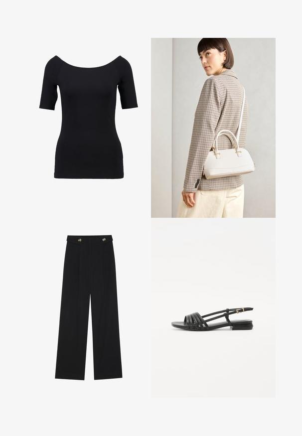 Juoda trumpa rankovė su peties iškirpte, prigludusi forma ir lygia tekstūra. Nėra matomų raštų ar kietųjų detalių.; Juodi plačios kojos kelnės su aukštu liemeniu, sagų detalėmis ant liemens ir priekinėmis raukšlėmis.; Juodos plokščios šlepetės su juostelėmis, turinčios kelias odines juostas ir ploną kulkšnies sagtį. Padas plokščias ir stačiakampis.; Balta struktūruota rankinė su trumpomis rankenomis ir peties diržu, su auksinėmis detalėmis ir tekstūruota medžiaga, pastatyta prieš pilką foną.