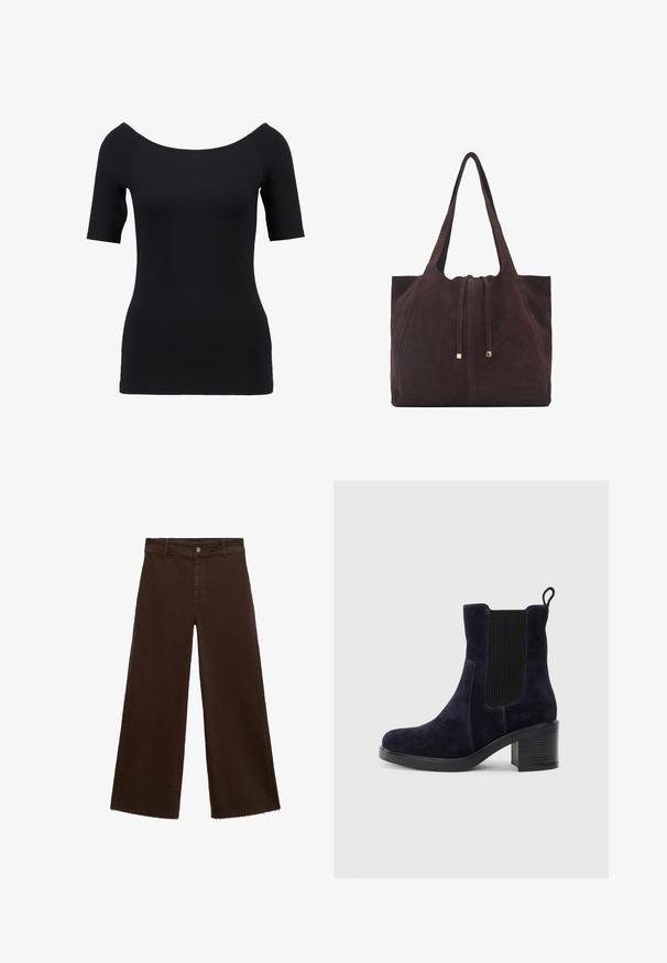 Black short-sleeve top with an off-the-shoulder neckline, fitted design, and smooth texture. No visible patterns or hardware details.; Brown wide-leg trousers in cotton blend, featuring a frayed hem, front button closure, and classic five-pocket design. Minimalistic and versatile.; Navy blue suede ankle boot with elastic side panel, rounded toe, and block heel. Textured fabric and smooth sole add contrast.; Mango Tote bag - dark brown