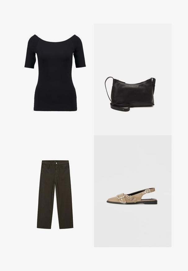 Sort kortærmet top med off-the-shoulder halsudskæring, tætsiddende design og glat tekstur. Ingen synlige mønstre eller hardwaredetaljer.; Mørkegrønne brede jeans lavet af en bomuldsblanding, med en frontlukning med knap, fem lommer og klassisk denim-syning.; Beige patenteret slingback sko med spidse tå, to justerbare spænder og en lav sort hæl. Glat tekstur med en blank finish.; Sort læder skuldertaske med en glat tekstur, buet form, justerbar rem og lynlås. Minimalistisk design uden udsmykninger.