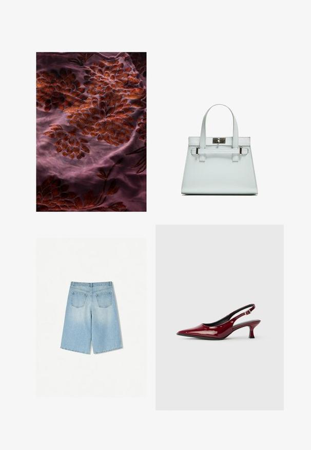 Lila tyg med intrikata blommönster broderade i nyanser av röd och brun, med en mjuk textur och delikata detaljer genom hela tyget.; Ljusblå denimshorts med en avslappnad passform, som har två bakfickor och rak bendesign. Ren fåll och mjuk textur.; Burgundy lackläder slingback klackar med spetsig tå och en elegant stiletto-häl. Öppen bakdesign med justerbar ankelrem.; Ljusblå handväska med strukturerad design, två handtag och ett clasps i silverfärgad metall. Texturerat material och skarpa hörn.