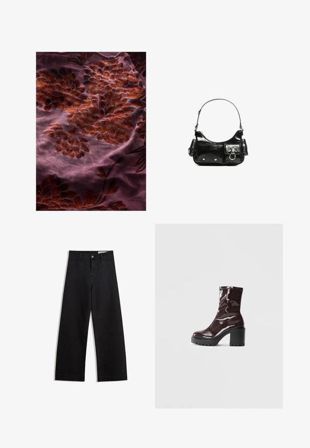 Lilla stof med intrikate blomsterbroderier i nuancer af rød og brun, med en blød tekstur og fine detaljer hele vejen igennem.; Sorte wide-leg denim bukser med høj talje, der har front- og baglommer, syede sømme og en knaplukning. Glat tekstur.; Glatte burgunder ankelstøvler med en chunky sort hæl, der har en glat tekstur og et simpelt design. Ingen synlige lukninger eller mønstre.; Sort patenteret læder håndtaske med en buet form, en skulderrem, frontlommer og hardware accenter i sølvfarve.