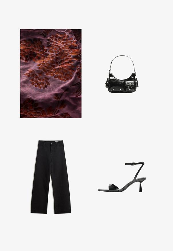 Vijolična tkanina z zapletenim cvetličnim vezenjem v odtenkih rdeče in rjave, z mehko teksturo in nežnimi detajli po vsej površini.; Črne široke denim hlače z visokim pasom, ki imajo sprednje in zadnje žepe, šivane šive ter gumbasto zapiranje. Gladka tekstura.; Bershka Sandali z visoko peto - black; Črna lakasta usnjena torbica s ukrivljeno obliko, enim ramenskim trakom, sprednjimi žepi in srebrnimi kovinskimi dodatki.