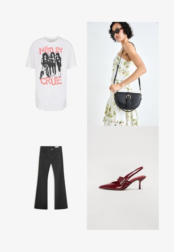 Bílý bavlněný tričko s černobílou grafikou čtyř postav, s nápisy "MÖTLEY" a "CRÜE" v růžovém tučném písmu nahoře a dole.; Černé rozšířené džíny vyrobené z jemného džínsového materiálu, se dvěma zadními kapsami a zapínáním na knoflík v pase.; Červené lakované kožené lodičky na podpatku s špičatou špičkou, dvěma přezkami a štíhlým, středně vysokým jehlovým podpatkem. Hladký povrch.; Černá kožená kabelka s křivkovým tvarem, odnímatelným popruhem a zlatými detaily. Kabelka má klopu s přezkou.