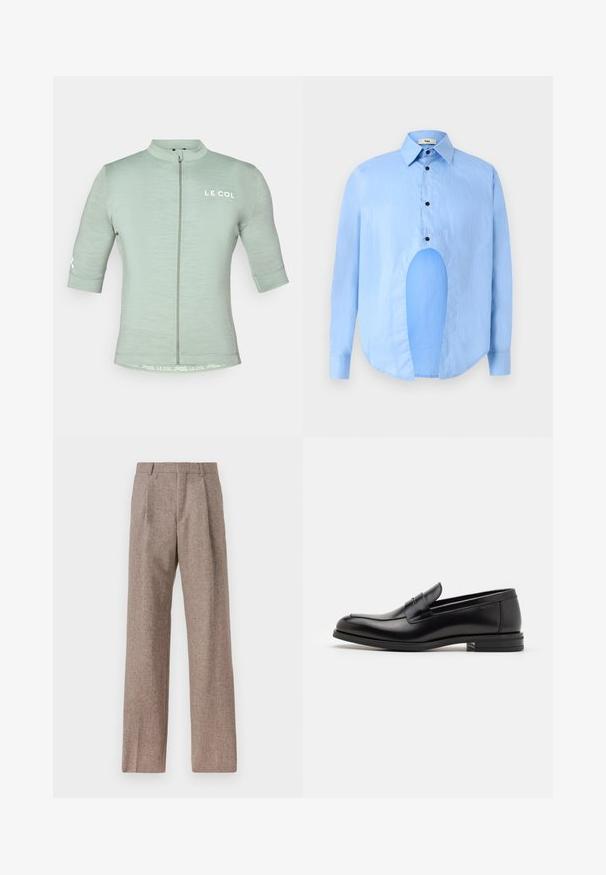 Light green short-sleeve cycling jersey with a front zipper, reflective logo, and minimalistic design; textured fabric with a close fit.; Light blue long-sleeve shirt with a pointed collar, black buttons, and a unique cutout in the front for distinctive design.; Brown, high-waisted trousers made of textured fabric. Features wide legs and two front pleats for structure. Neat finish with no visible hardware.; Black leather loafers with a smooth texture, rounded toe, and a decorative strap across the vamp. Low stacked heel, minimalist design.