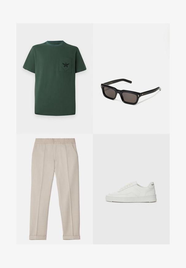 Green short-sleeve t-shirt made of cotton, featuring a pocket with a black embroidered logo and contrasting neckline. Simple design with seamless edges.; Filippa K TERRY CROPPED TROUSERS - Trousers - sage melange; White leather sneaker with a smooth finish, round toe, flat laces, and a textured sole. Features a subtle logo on the heel.; Black rectangular sunglasses with dark lenses, thick plastic frame, gold accents on temples, and brand logo engraved on the arm.