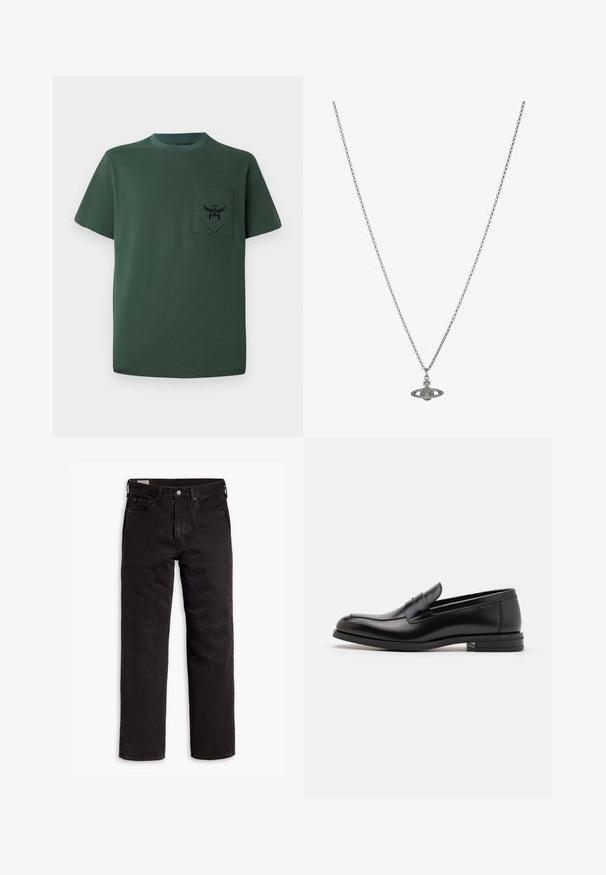 Zaļš īsām piedurknēm T-krekls no kokvilnas, ar kabatu, kurā ir melns izšūts logo un kontrastējoša apkakle. Vienkāršs dizains ar bezšuvju malām.; Melnas taisnās kājas džinsu bikses ar piecām kabatām, pogu aizdari un jostas cilpām, izliktas uz balta fona.; Melnas ādas kurpes ar gludu tekstūru, noapaļu purngalu un dekoratīvu siksniņu pāri priekšpusei. Zems sakrauts papēdis, minimālisma dizains.; Sudraba ķēdes kaklarota ar detalizētu piekariņu, kas veidots planētas formā, kas rotāta ar maziem akcentiem un sarežģītiem rakstiem.