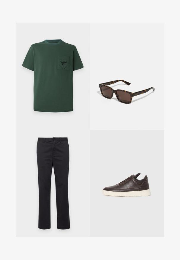 Zöld, rövid ujjú pamut póló, fekete hímzett logóval ellátott zsebbel és kontrasztos nyakkal. Egyszerű dizájn, varrás nélküli szélekkel.; Fekete pamut nadrág egyenes szabással, gombos záródással és övhurkokkal. Simább textúra, látható minták vagy díszítések nélkül.; Sötétbarna, texturált bőr sneaker, fűzős elejével és fehér, bordázott gumitalpával egy sima világos háttér előtt.; Gucci napszemüveg négyzet alakú, teknős mintás műanyag kerettel és barna lencsékkel. A szárakon diszkrét márkajelzés található.