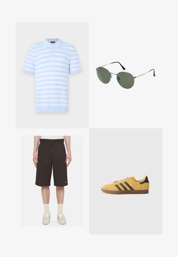 Polo de color azul claro con mangas cortas, que presenta rayas horizontales y un patrón texturizado. Con tapeta de botones y detalle de cuello acanalado.; Pantalones cortos marrón oscuro, hechos de un tejido resistente, con un ajuste recto, longitud hasta la mitad del muslo y un logo bordado en la pierna izquierda.; Zapatillas de ante amarillas con rayas marrones, suela de goma y collar acolchado. Cuenta con un logo bordado en el costado.; Gafas de sol con marco de metal y lentes ovalados verdes. Marco delgado de metal plateado y puntas de las orejas negras. Diseño minimalista, sin logotipos visibles.
