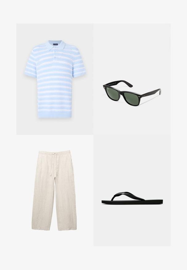 Ljusblå pikétröja med korta ärmar, prydd med horisontella ränder och strukturerat mönster. Knappslå och ribbad krage.; Linnebyxor i ljusbeige, med resårmidja och dragsko, vid bendesign och sidofickor. Slät textur.; Svart gummislip-in sandal med ett texturerat rem och enkel platt sula, visas från sidan på en enkel ljus bakgrund.; Svarta plastsolglasögon med gröna linser, fyrkantiga bågar, silverdetalj på ögonbrynet och texturerade skalmar. Angiven märkning på den inre skalmen.