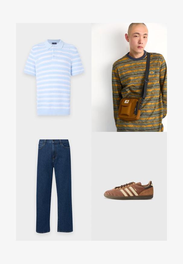 Világoskék pólóing rövid ujjakkal, vízszintes csíkokkal és texturált mintával. Gombos pánt és bordázott gallér részletekkel.; Sötétkék, egyenes szárú farmernadrág, elülső zsebekkel és gombos záródással, sima fehér háttéren bemutatva.; adidas Originals SAMBA UNISEX - Sportcipő - preloved brown/sand strata/dark brown; Barna anyagú, cipzáros, keresztpántos táska elülső zsebbel; szürke és narancssárga csíkos, hosszú ujjú pólón viselve, logóval.