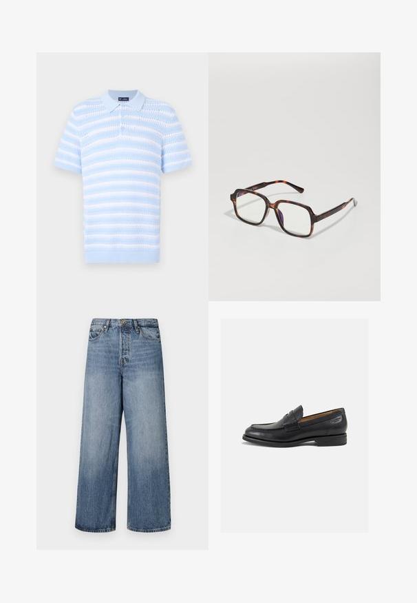Világoskék pólóing rövid ujjakkal, vízszintes csíkokkal és texturált mintával. Gombos pánt és bordázott gallér részletekkel.; Széles lábú kék farmernadrág, elhalványodott mosással, öt zsebbel és gombos zárással. Övhurkokkal és steppelt részletekkel ellátva.; Fekete bőr loaferek sima felülettel, lekerekített orral és díszítő varrással a lábfejen. Alacsony, réteges sarkú és enyhe fényű.; Kígyóbőr mintás napszemüveg, négyzet alakú kerettel, átlátszó lencsékkel és karcsú szárakkal, melyeken finom logó részlet található. Matt és fényes felület.