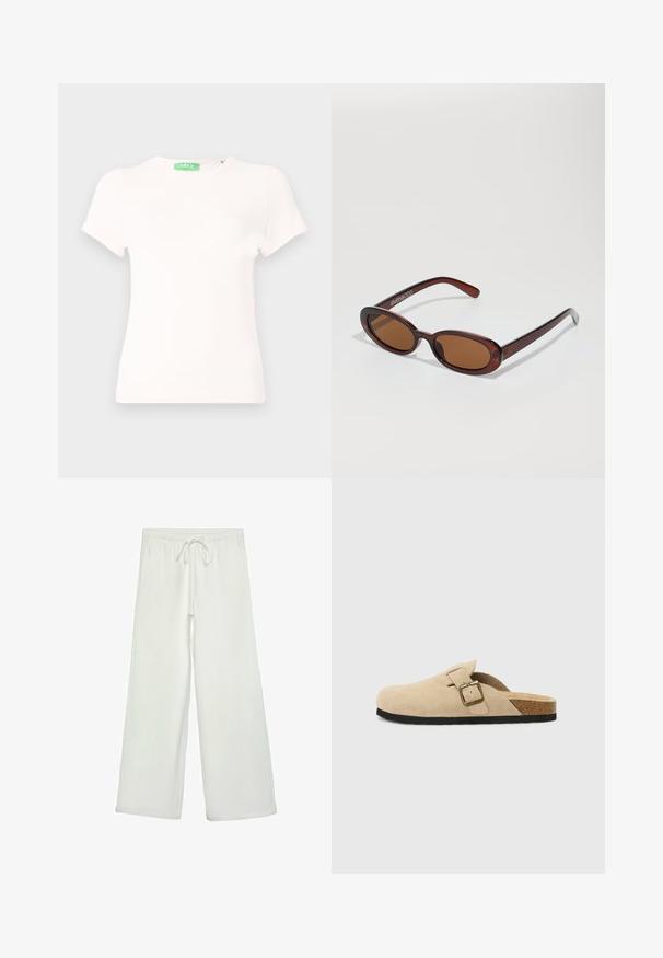 Bílý krátký rukáv tričko vyrobené z měkké tkaniny, s kulatým výstřihem a zeleným štítkem na krku. Jednoduchý design a přiléhavý střih.; Bílé kalhoty s širokými nohavicemi vyrobené z měkké tkaniny. Mají elastický pas se stahovací šňůrkou a hladkou strukturu. Žádné viditelné vzory ani kovové prvky.; Béžové semišové klouzavé dřeváky s korkovou stélkou, zaoblenou špičkou a jednoduchým páskem s kovovou sponou v zlatém tónu. Gumová podrážka pro lepší přilnavost.; Kulaté sluneční brýle hnědé barvy s lesklým burgundským rámem. Úzké nožičky s jemným logem. Rovné čočky.
