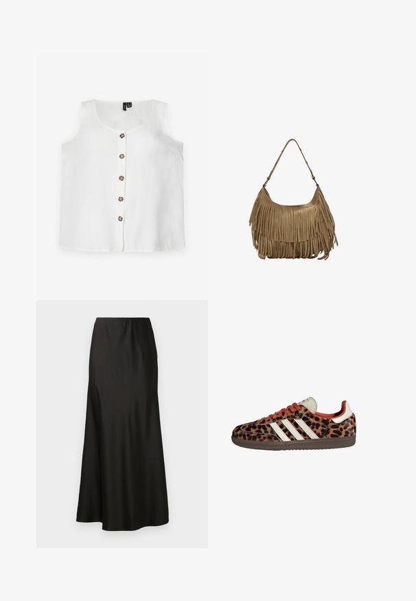 Weißes ärmelloses Oberteil aus leichtem Stoff, mit rundem Halsausschnitt und einer vorderen Knopfleiste mit sechs runden, braunen Knöpfen.; Schwarzer Satin-Maxikleid mit glatter Textur, hoher Taille und ausgestelltem Saum. Hat ein einfaches Design ohne sichtbare Muster oder Hardware.; Sneaker im Leopardenmuster aus Wildleder mit roten Schnürsenkeln und drei weißen Streifen an der Seite. Sie haben eine cremefarbene Zunge und eine braune Sohle.; Braune Wildleder-Handtasche mit langen Fransen, einer geschwungenen Form und einem einzelnen Schultergurt. Verfügt über eine glatte, strukturierte Oberfläche.