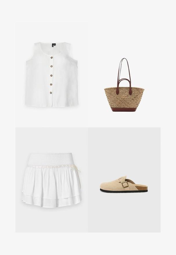 Biele bezrukávové top s ľahkým materiálom, s okrúhlym výstrihom a predným zapínaním na šesť okrúhlych hnedých gombíkov.; Biela tiered sukňa s elastickým pásom, s textúrovaným smockovaním a dekoratívnou stuhou. Bavlnená látka.; Bežové semišové clogs na klinoch so korkovou stielkou, zaoblenou špičkou a jednoduchým remienkom so zlatým sponou. Gumová podrážka pre lepšiu priľnavosť.; Tkána slamenná taška s prepletenou textúrou, tmavohnedé kožené rúčky a dno, široký obľúkový tvar a otvorený dizajn na vrchu.