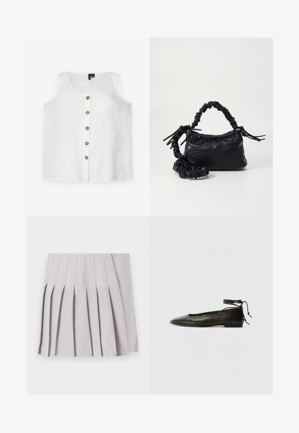 Weißes ärmelloses Oberteil aus leichtem Stoff, mit rundem Halsausschnitt und einer vorderen Knopfleiste mit sechs runden, braunen Knöpfen.; Grauer plissierter Rock mit glatter Textur, der mehrere vertikale Falten und eine taillierte Taille aufweist. Hergestellt aus leichtem Stoff.; Schwarze Leder-Ballerinas mit spitzem Zehenbereich, Knöchelband und flacher Sohle, die eine glatte Textur und ein minimalistisches Design aufweisen.; Schwarze Handtasche aus Kunstleder mit Krokodilstruktur, gerafftem oberen Teil und einem geschoppten Tragegurt. Sie wirkt weich und kompakt im Design.