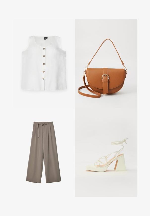 Bijela bezrukavna majica od lagane tkanine, s okruglim izrezom i prednjim zakopčavanjem s šest okruglih smeškastih dugmadi.; Široke hlače u mekoj, prigušenoj sivoj tkanini, s remenom na struku i plisiranim detaljima za dodatni dizajn. Glatka tekstura, bez uzoraka.; Bijela sandala na visokoj potpetici s debelim petom, s remenom i vezanjem oko gležnja. Glatka tekstura s platformom sprijeda za dodatnu visinu.; Smeđa kožna torba preko tijela s zakrivljenim oblikom, zlatnim metalnim detaljima i naglaskom na kopču. Ima odvojivu naramenicu.