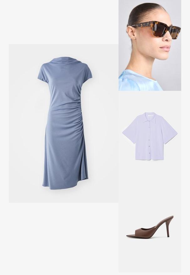 Krekli ar īsām piedurknēm lavandas krāsā ar izteiktu apkakli, izgatavots no gludas auduma, ar pogu priekšpusi un kvadrātveida siluetu.; Bāgu piedurkņu kleita gaiši zilos audumos, ar izgriezumu un sānu rušējumiem, brīvā silueta un ceļgala garuma apakšmalu.; Brūni ādas atvērtas pirksta augstpapēžu čības ar elegantu dizainu, kas iezīmējas ar plašu priekšējo siksniņu un slaidu stiletto papēdi.; Tortoiseshell saulesbrilles ar masīvu, taisnstūra formu. Tumši stikli un zelta toni akcenti pie tempļiem. Gluda, spīdīga virsma.; Balta teksturēta pleca soma ar salocītu dizainu, kas aprīkota ar zelta ķēdes siksnu. Gluda virsma ar smalkām viļņveida formām un noapaļotām malām.