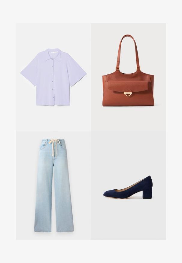 Kortærmet lavendel skjorte med spids krave, lavet af glat materiale, med en knaplukning foran og en firkantet silhuet.; Lyseblå vidde jeans lavet af denim, med snøre i taljen og klassisk fem-lomme design med minimal falming.; Marinblå ruskinds pumps med spids tå og en mellemstor blokhæl. Glat tekstur med en subtil glans og et lille udskæringer foran.; Brun læder tote taske med lange håndtag, frontlomme med klap og guld hjerteformet klips indgraveret med "Love Moschino."