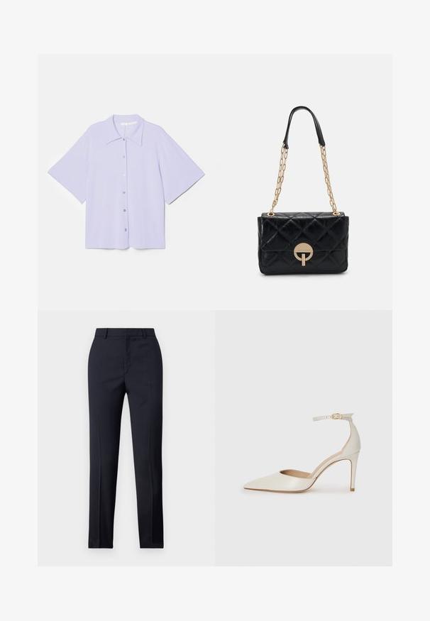 Srajca z kratkimi rokavi v sivkasti barvi s koničastim ovratnikom, izdelana iz gladkega materiala, z gumbom na sprednji strani in kvadratno silhueto.; Zadnje hlače v mornarično modri barvi s ravnim krojem, ki imajo gladko teksturo, dve sprednji žepki in čisto pasnico.; Bela usnjena čevlja na visoki peti z ozkim prstom, trakom okoli gležnja in tanko stiletto peto. Gladka tekstura z rahlim sijočim finišem.; Črna prešita usnjena torbica z zlatim verižnim ročajem, ki vsebuje okroglo zapiralno podrobnost. Kompaktna pravokotna oblika z gladko teksturo.