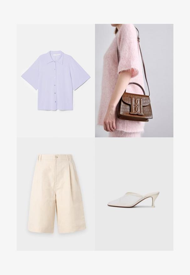 Kortærmet lavendel skjorte med spids krave, lavet af glat materiale, med en knaplukning foran og en firkantet silhuet.; Beige linned shorts med en afslappet pasform, med knaplukning, plisseret design og knælang længde. Glat tekstur og enkel stil.; Hvide mesh spidse mule-sko med en slank hæl i mellem højde og slip-on design mod en ensfarvet baggrund.; Brun håndtaske med krokodillepræg, med et topgreb og skulderrem. Har et fremtrædende logo på frontklaffen. Blød tekstur.
