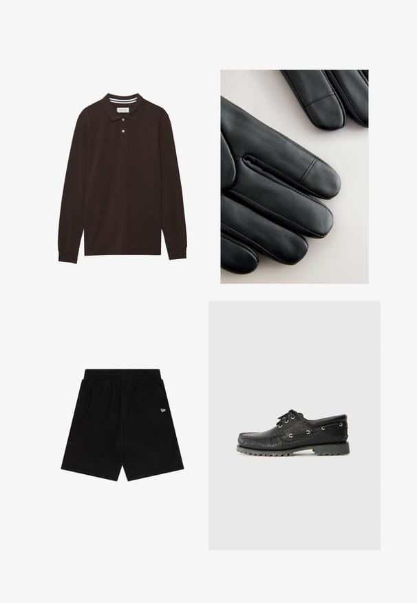 Koszulka polo z długim rękawem w ciemnobrązowym kolorze, wykonana z bawełny, z kołnierzykiem, zapięciem na trzy guziki oraz białymi paskami. Gładka tekstura.; Czarne szorty wykonane z miękkiego materiału z elastycznym paskiem w talii. Posiadają małe białe logo z przodu. Prosty design i prosty krój.; Czarne teksturowane buty na sznurówki z okrągłym noskiem, metalowymi oczkami i szorstką, szaro-rubbertową podeszwą. Posiadają pleciony wzór na cholewce.; Czarne skórzane rękawiczki o gładkiej teksturze, eleganckim designie i wyraźnym szwie wzdłuż palców, z lekko zaokrąglonym czubkiem na każdym palcu.