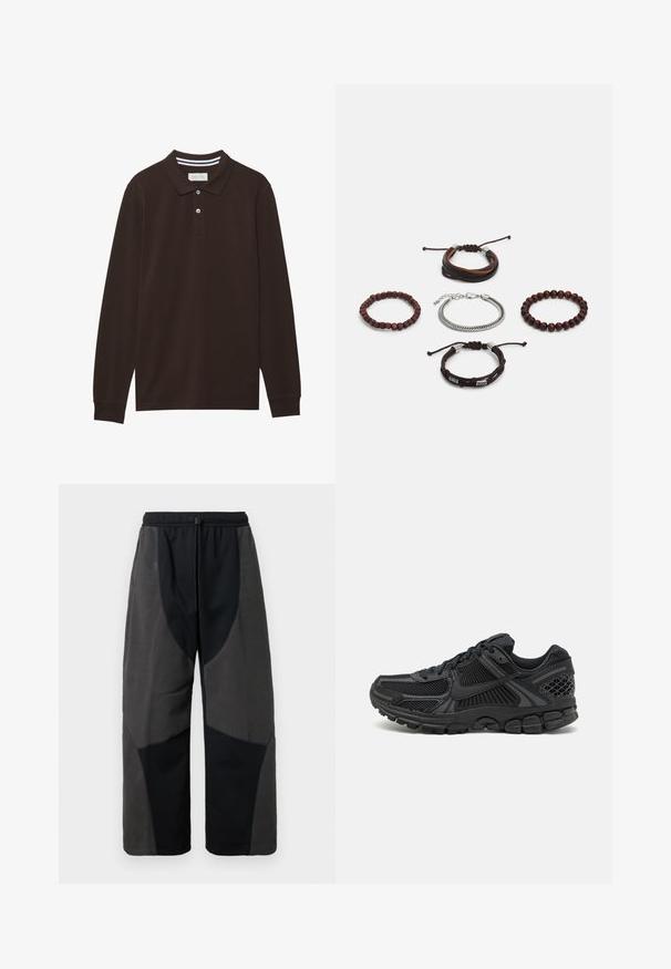 Koszulka polo z długim rękawem w ciemnobrązowym kolorze, wykonana z bawełny, z kołnierzykiem, zapięciem na trzy guziki oraz białymi paskami. Gładka tekstura.; Czarne spodnie z akcentami z polaru o luźnym kroju, z kontrastującymi panelami z ciemnoszarego materiału oraz regulowanym paskiem na sznurku.; Czarny but sportowy z siateczkową cholewką, gumową podeszwą i textured akcentami. Projekt obejmuje wyraźny system sznurowania oraz amortyzującą podeszwę.; Zestaw pięciu bransoletek z brązowej skóry, drewnianych koralików i srebrnego łańcucha; różne faktury i kształty, z regulowanymi zapięciami.