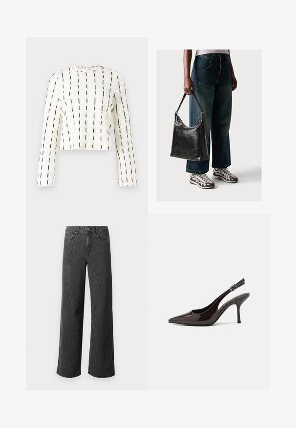 Ärmelloses Oberteil in Creme mit schwarzen vertikalen Streifen, strukturierter Stoff mit subtilen Mustern, runder Halsausschnitt und gestickten Details.; Weite Jeans aus dunkelgrauem Denim, mit einer subtilen Zebra-Muster-Struktur, kontrastierenden Nähten und einem Fünf-Taschen-Design mit einem Knopfverschluss.; Slingback-Pumps aus glänzendem dunklen braunen Lackleder, mit spitzer Zehenpartie, offenen Seiten und verstellbarem Knöchelriemen.; Schwarze Leder-Schultertasche mit glatter Textur und verstellbarem Riemen, kombiniert mit ausgewaschenen weit geschnittenen Jeans und sportlichen Sneakern.