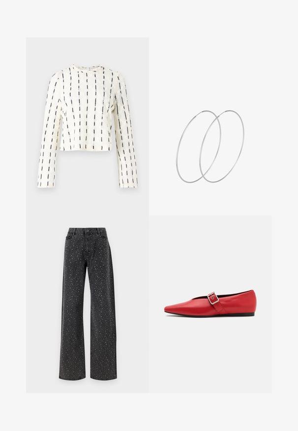 Top a maniche lunghe cropped in crema con righe verticali nere, tessuto testurizzato con sottili motivi, scollatura rotonda e dettagli cuciti.; Noisy May NMJANNEL LOOSE - Jeans baggy - black denim; Scarpa piatta in pelle rossa con punta affusolata, dotata di un cinturino laterale con fibbia in metallo e un tacco basso nero. Texture liscia su tutta la superficie.; Orecchini a cerchio in argento con un design minimalista. Forma circolare, superficie liscia e profilo sottile. Leggeri con una finitura lucida.