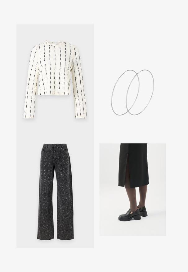 Izrezana dugom rukavu u krem boji s crnim vertikalnim prugama, teksturirana tkanina s suptilnim uzorcima, okrugli izrez i šivani detalji.; Noisy May NMJANNEL LOOSE - Traperice opuštenog kroja - black denim; Crne kožne cipele s zaobljenim vrhom, debelim blok petama i elastičnim bočnim detaljima, uparene s tamnim čarapama i crnom suknjom s prorezom.; Srebrne okrugle naušnice s minimalističkim dizajnom. Kružni oblik, glatka tekstura i tanak profil. Lagane s poliranim završetkom.